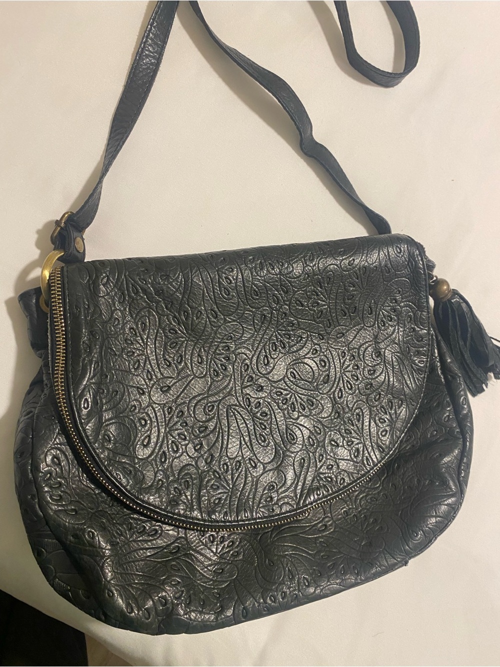 Women’s Embossed Black Leather Crossbody Bag Genuine Leather - From Italy